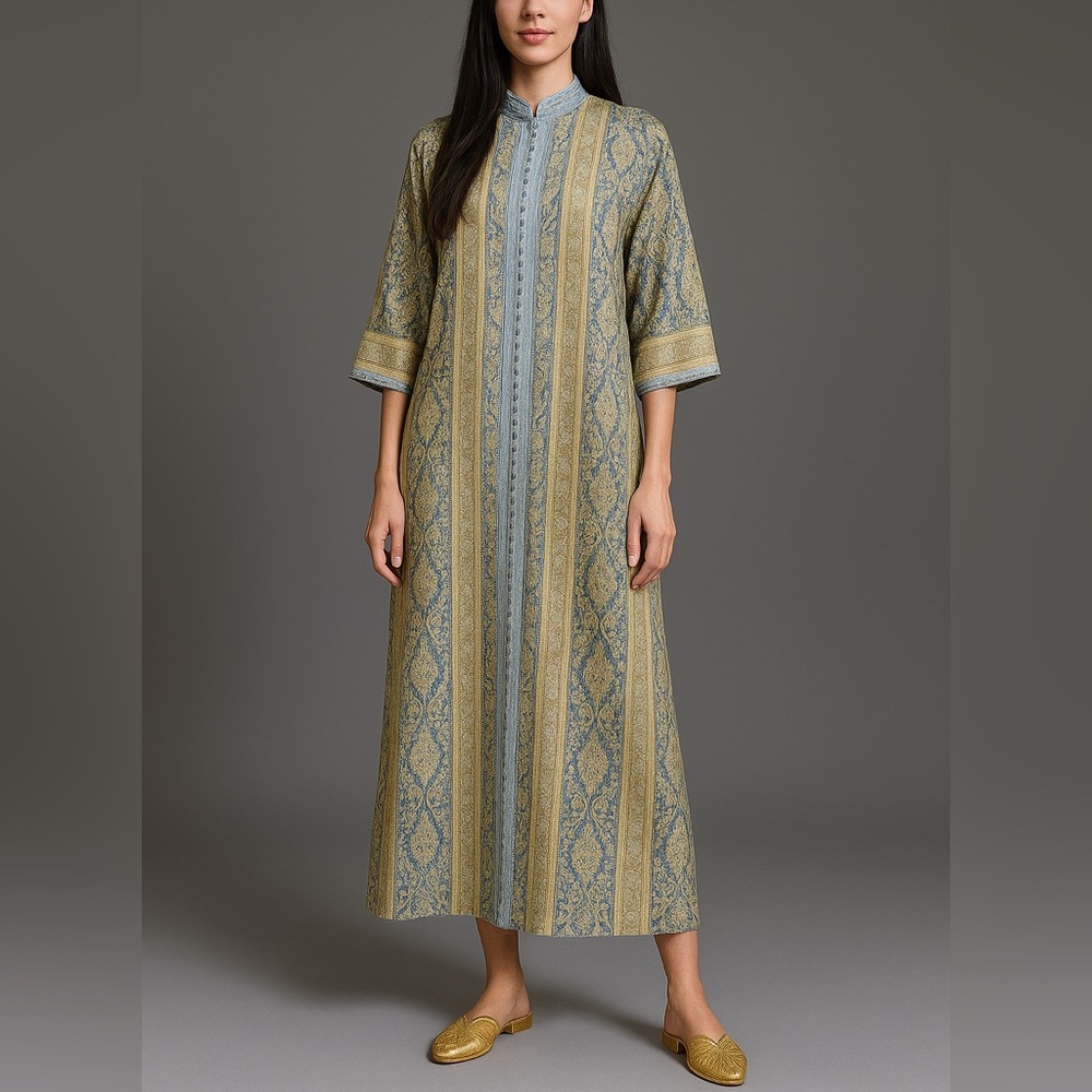 1960s Moroccan Brocade Kaftan Black Long Dress Gold Paisley Excellent Condition